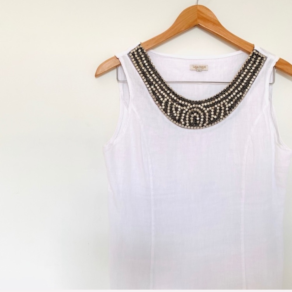 White Linen Beaded Top